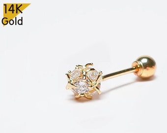 14K Solid Gold White CZ Ball End Barbell  Piercing 22G, 6mm Post Real Gold  - TGP4504