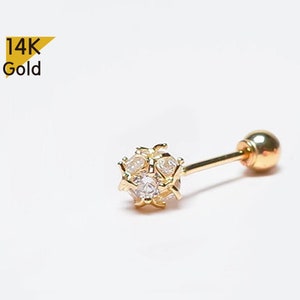 14K Solid Gold White CZ Ball End Barbell  Piercing 22G, 6mm Post Real Gold  - TGP4504