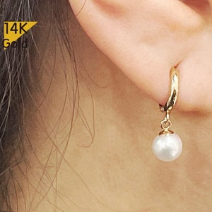 14K Solid Gold Swarovski Perle Ohrringe, Hoop Ringe