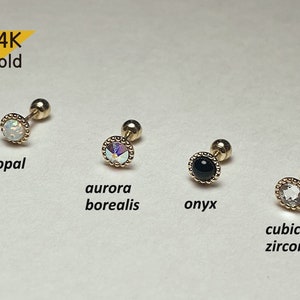 14K Solid Gold  Cubic  Zirconia, Onyx, Aurora  Borealis, Opal  2,3 mm  Piercing 21G