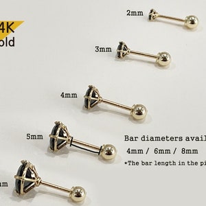 14K Solid Gold Black, White CZ 2,3,4,5,6mm/ 4-Prong  Martini  set with Screw- Barbell Ball Piercing 21G /  4,6,8mm Post