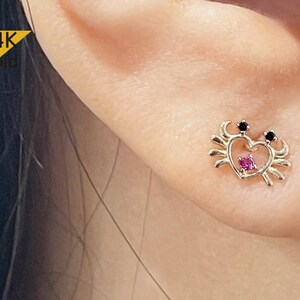 14K Solid Gold Tiny  CZ Heart Crab Stud Earrings, Tiny Stud  Yellow Gold Earrings - TGE40031