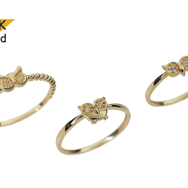 14K Solid Gold Ring, Owl Rings 3 type design