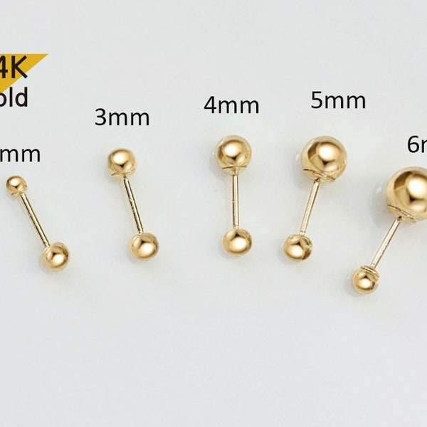 14K Solid Gold Ball 2,3,4,5,6mm Lightweight  Piercing 21G,  4,6,8mm Post Lightweight