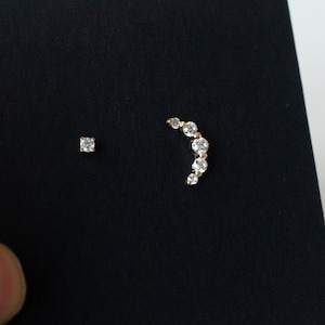 10K Solid Gold Mix CZ 2mm Stud, CZ Crescent Moon, New Moon Stud Earrings - TGE115