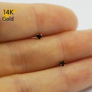 14K Solid Gold Stud Earrings 2mm Black CZ Earrings - TGE41007