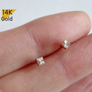 14K Solid Gold Hollow Rose Gold Sqaure Stud Earrings