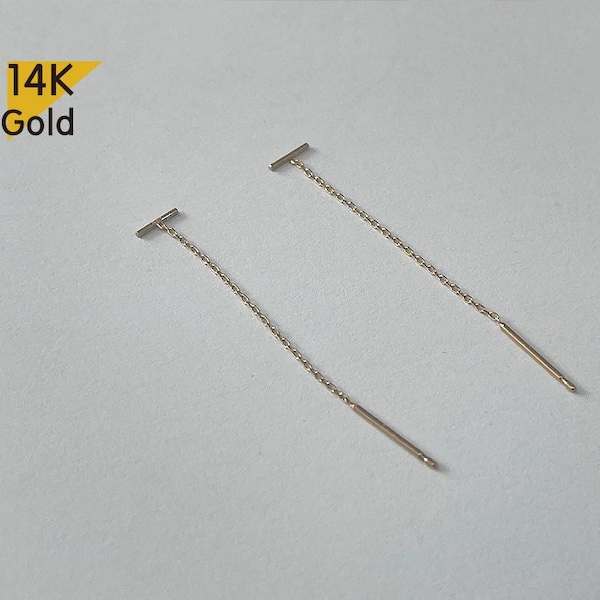 14K Solid Gold  Threader 5mm bar Earring, Thin Chain Earring