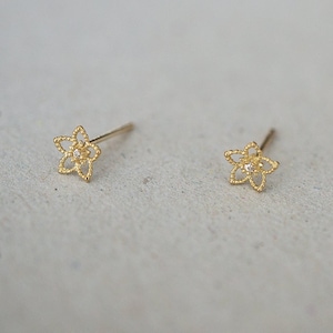 10K Solid Gold Tiny Flower Line Stud Earrings Cubic Zircornia Real Gold - TGE063