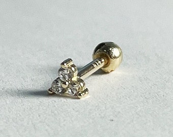 Boucles d'oreilles triangulaires en or massif 10 carats, 3 zircones cubiques blanches, piercing 18 g, tige 6 mm or véritable