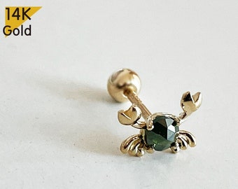 14K Solid Gold  Crab Rough Diamond Barbell Piercing, 22G, 6mm Post
