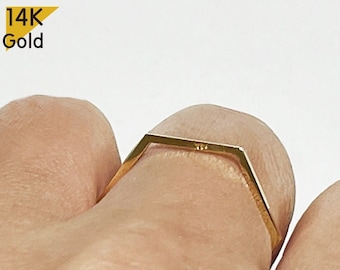 14K Solid Gold Hexagon Ring, Geometric Ring - TGR216