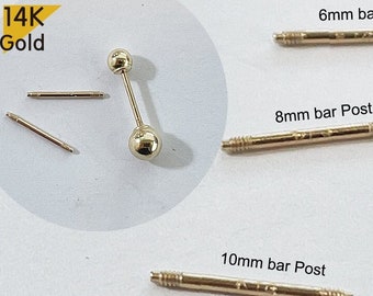 14K Solid Gold 6,8,10mm Post, Tiny Barbell ball, Screw ball back for piercing