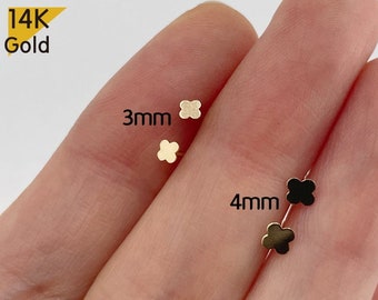 14K Solid Gold Clover Ohrstecker, dünne Ohrringe