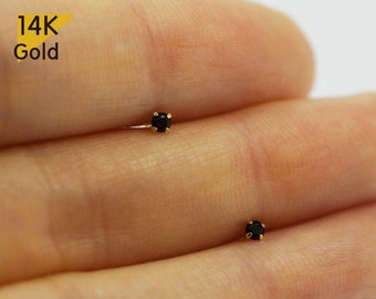 14K Solid Gold Stud Earrings 2mm Black CZ Earrings - TGE41007