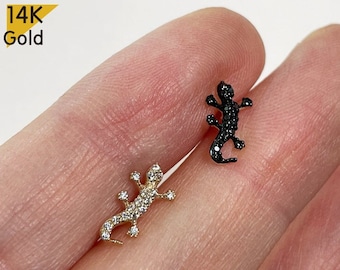 14K Solid Gold Black White CZ Salamander Cubic Zirconia Earring Barbell Piercing, 22G