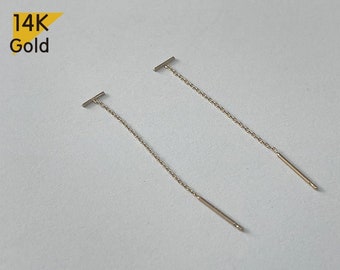 14K Solid Gold  Threader 5mm bar Earring, Thin Chain Earring