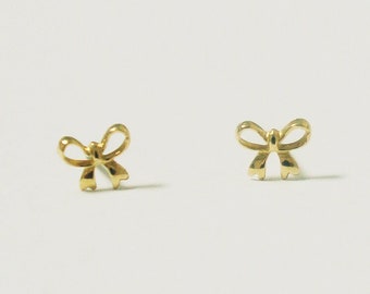 10K Solid Gold Tiny Butterfly Knot Stud Earrings, Ribbon Real Gold - TGE045