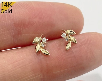 14K Gold Tiny Leaf CZ Stud Earrings, Botanical Earrings