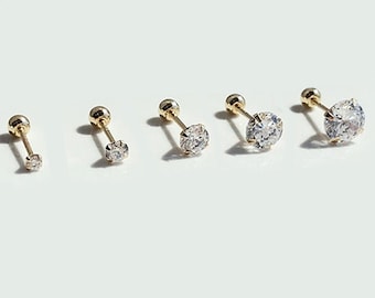 14K Solid Gold Single Earring Tiny CZ 2~6 mm Piercing 21G,  4,6,8 mm Post - TGP5001