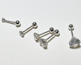Piercing in argento sterling 925 con zirconi bianchi da 2,3,4,5,6,7 mm, calibro 21G, perno da 6,8 mm con vite di fissaggio, zirconi in argento.