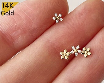 14K Solid Gold Stud Earrings, Tiny Cubic Zirconia 3 Row Flowers Little Petals Mix Match - TGE40021