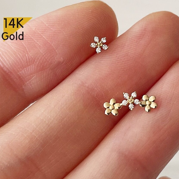 14K Solid Gold Stud Earrings, Tiny Cubic Zirconia 3 Row Flowers Little Petals Mix Match - TGE40021