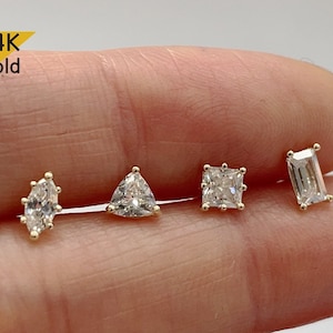14K Solid Gold Marquise, Triangle, Rectangle, Square, Cubic Zirconia Ball Stud End Barbell Piercing, 20G