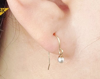 14K Solid Gold Natural Real Pearl Dangle Earrings Earrings, 3mm,4mm,5mm