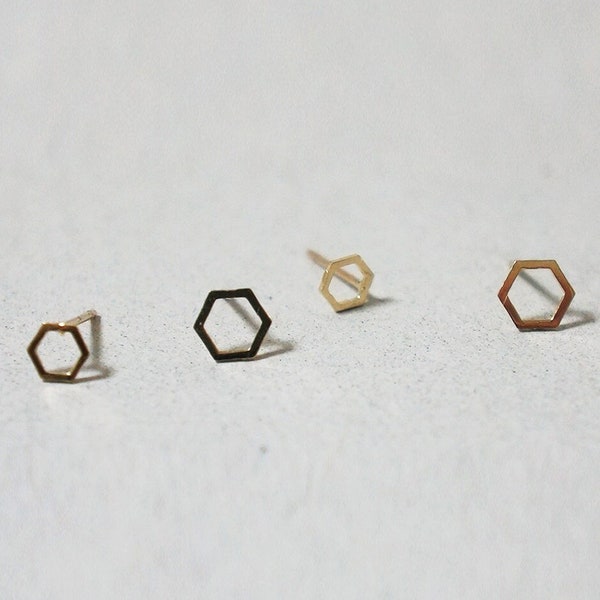 10K Solid Gold Tiny Line Hexagon Stud Earrings, Geometric - TGE059