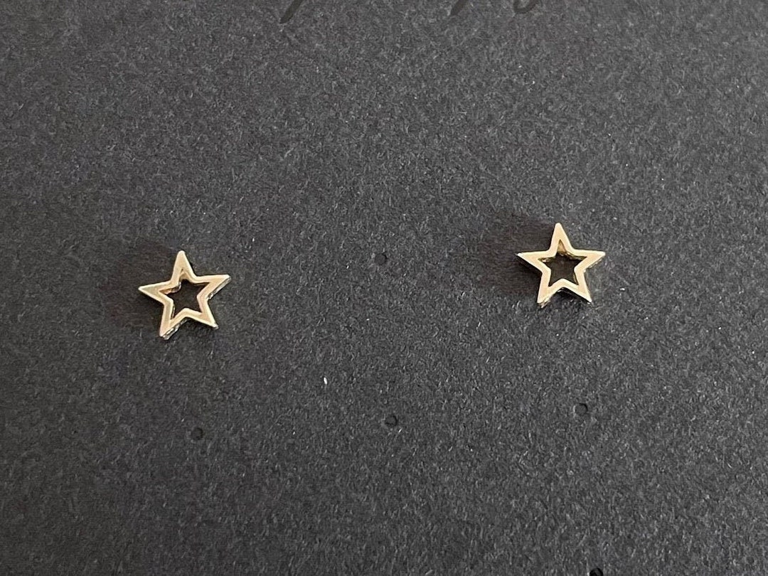 10K Solid Gold Tiny Line Star Studs Earrings Real Gold