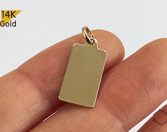 14K Solid Gold Engravable Disc Pendant,  Rectangle Shape Charm Size 14.8 X 8mm