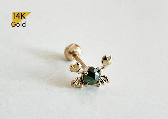 14K Solid Gold  Crab Rough Diamond Barbell Piercing, 22G, 6mm Post