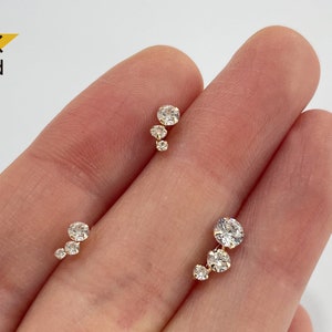 14K Solid Gold Triple Circle 3 White Cubic Zirconia Earrings, Small / Medium / Large