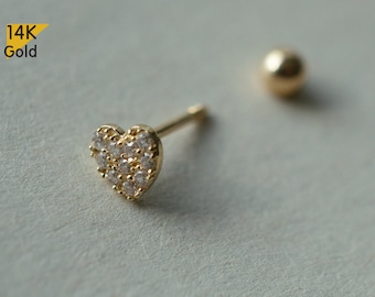 14K Solid Gold Heart Barbell Piercing, 22G, 6mm Post, Tragus Piercing, Helix Cartilage Piercing - TGP3001