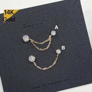 NEW! 14K Solid Gold Chain Cubic Zirconia CZ Stud Earring