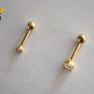 14K Solid Gold Tiny CZ 2,3mm Stud End Barbell Piercing, 20G,  6mm Post, 5 Prong Basket Set - TGP4008