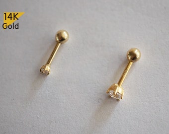 14K Solid Gold Tiny CZ 2,3mm Stud End Barbell Piercing, 20G,  6mm Post, 5 Prong Basket Set - TGP4008