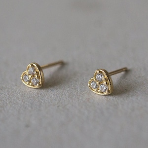 10K Solid Gold Tiny Heart White CZ Stud Earrings Real Gold - TGE038