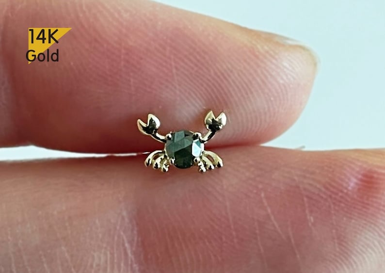 May include: A 14K gold crab earring with a black diamond.