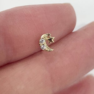 10K Solid Gold Tiny Star Moon Stud Earrings White CZ Cubic Zirconia Real Gold 14K Available
