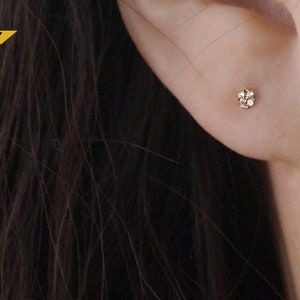 14K Solid Gold Stud Earring, Tiny Lucky Clover White CZ Earring - TGE40003