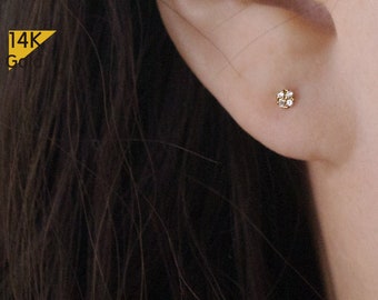 14K Solid Gold Stud Earring, Tiny Lucky Clover White CZ Earring - TGE40003