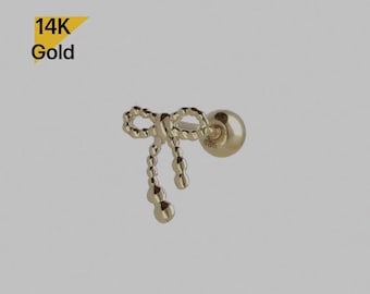 14K Solid Gold Ribbon Stud End Barbell Piercing, 20G
