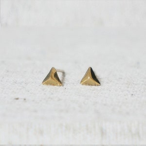 May include: A pair of gold triangle stud earrings. The earrings are small and simple, and they would make a great everyday accessory.