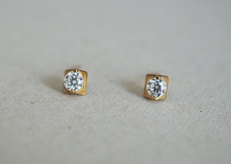 10K Solid Gold Tiny Geometric Cubic Zirconia Stud Earrings - Etsy