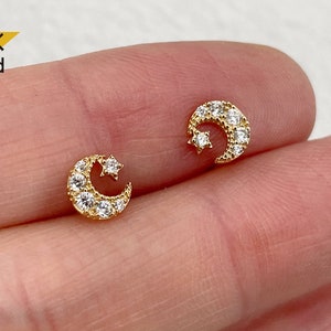 14 Karat Gold Plated CZ Moon and Star Stud Earrings main image 1