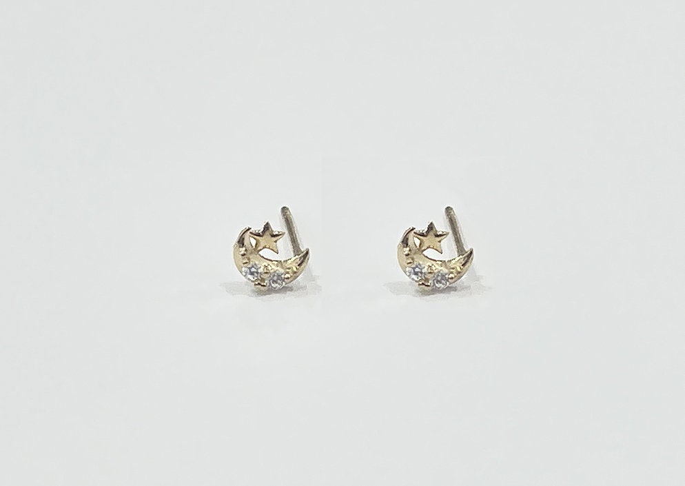 Tiny Gold Studs, 18k Gold Vermeil Earrings: Starburst, North Star, Crescent Moon, Flower, Bar, Cubic Zirconia, Celestial, Multiple Piercing