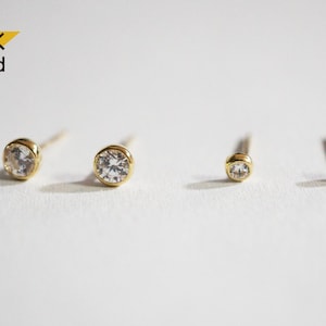 14K Solid Gold Stud Earrings Tiny Yellow Gold White CZ Earrings, Real Gold - TGE42010
