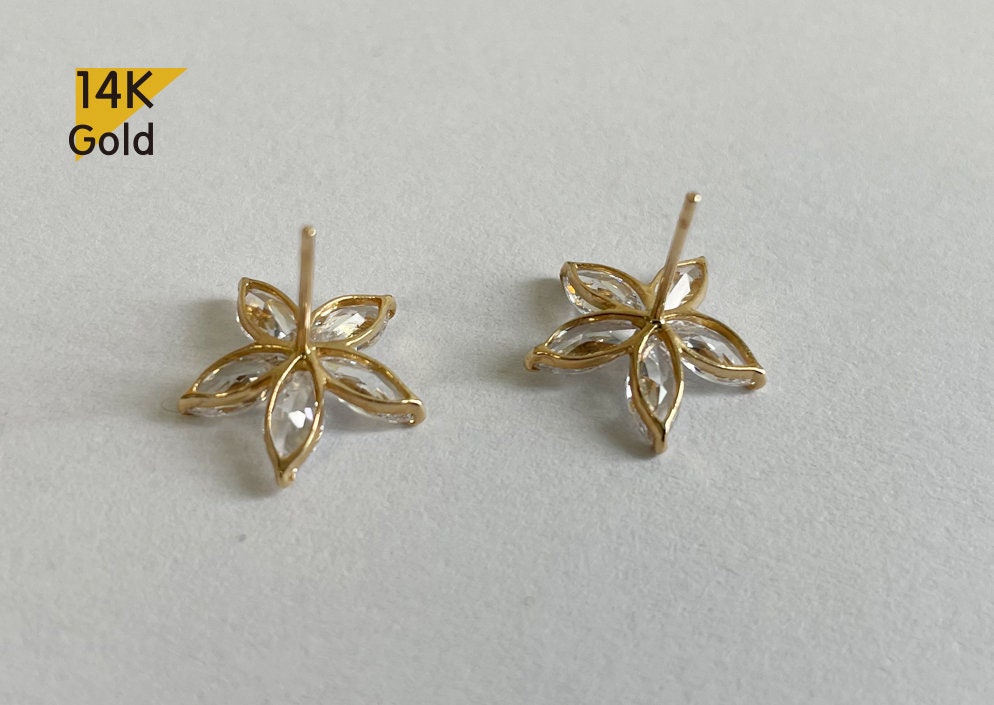 14K Solid Gold Stud Earrings, Cubic Zirconia Daisy Earrings
